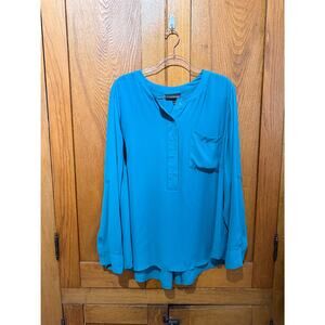 Lane Bryant Teal Henley Blouse 22/24 Long Sleeve Contrast Stitch Silky Top